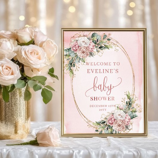 Blush Pink Greenery Glitter Welcome Baby Shower Poster
