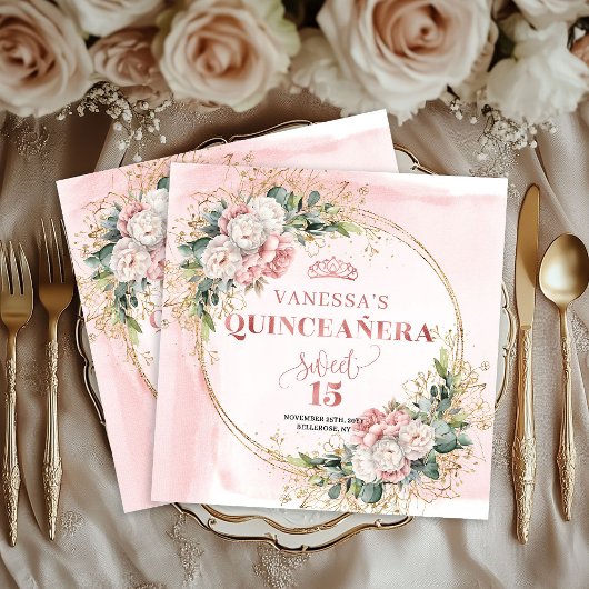Blush Pink Greenery Quinceañera Party Napkins Serviette