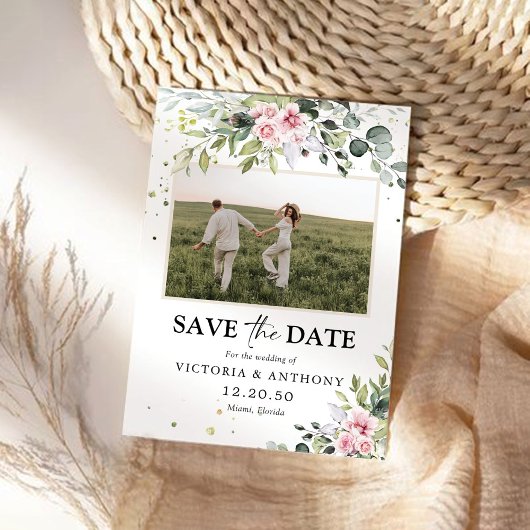 Blush Pink Greenery Save the Date mit Fotokarte