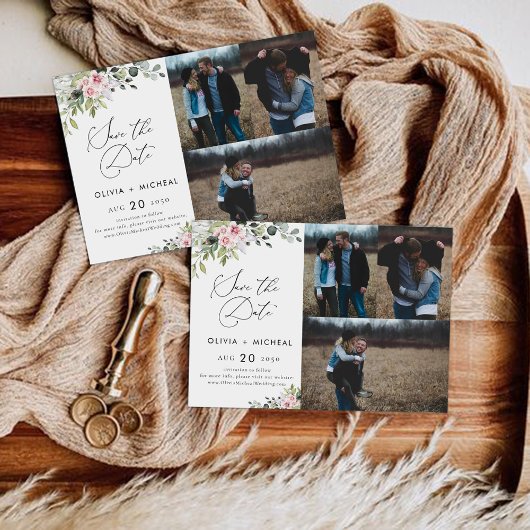 Blush Pink Greenery Save the Date mit Fotokarte