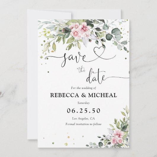 Blush Pink Greenery Speichern Sie die Datumskarten Save The Date (Vorderseite)
