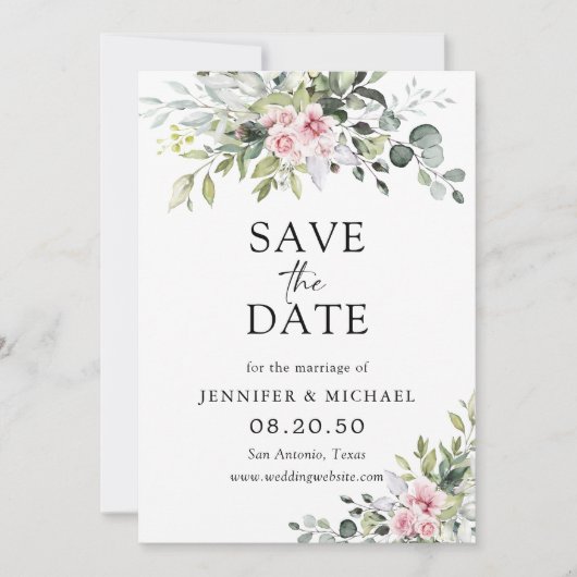 Blush Pink Greenery Speichern Sie die Datumskarten Save The Date (Vorderseite)