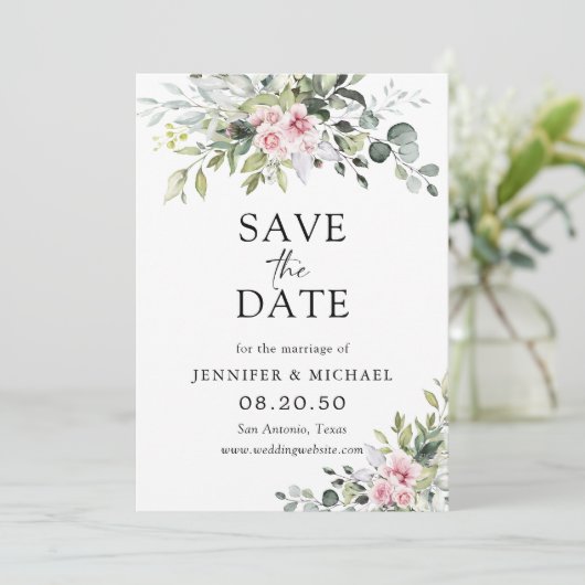 Blush Pink Greenery Speichern Sie die Datumskarten Save The Date (Stehend Vorderseite)