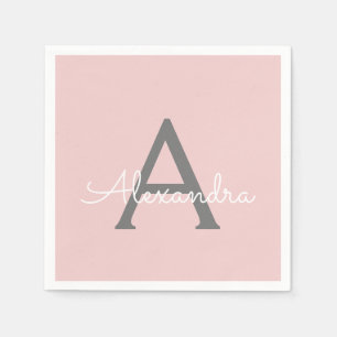 Blush Pink Grey Script Monogram Name Modern Serviette