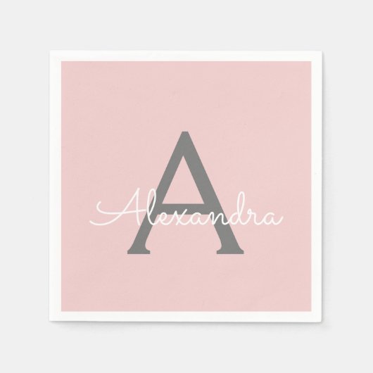 Blush Pink Grey Script Monogram Name Modern Serviette (Vorderseite)
