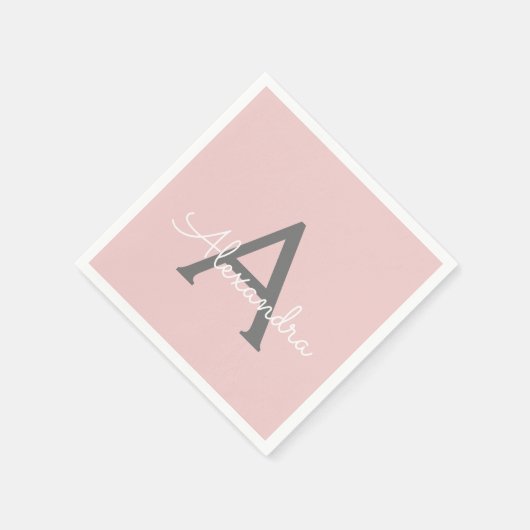 Blush Pink Grey Script Monogram Name Modern Serviette (Ecke)