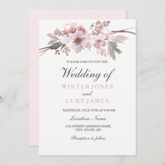 Blush Pink & Grey Winter Floral Wedding Einladung (Vorne/Hinten)