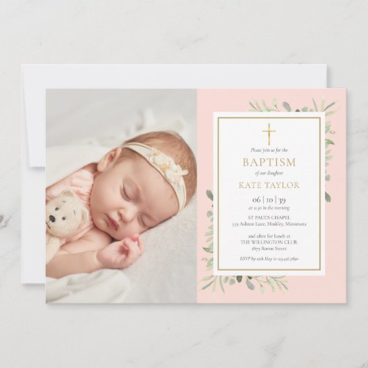Blush Pink Grüne Taufe Christening Foto Einladung (Vorderseite)