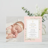 Blush Pink Grüne Taufe Christening Foto Einladung (Stehend Vorderseite)
