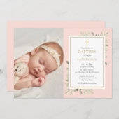 Blush Pink Grüne Taufe Christening Foto Einladung (Vorne/Hinten)