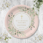 Blush Pink Grüne Taufe Christening Pappteller<br><div class="desc">Mit zarten Aquarellfarben und einem eleganten Goldkruzifix ist diese schicke Taufe oder Taufplatte personalisiert mit Ihren speziellen Event-Informationen auf einem rot-rosa Hintergrund. Entwickelt von Thisisnotme©</div>