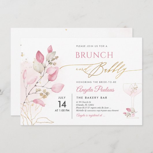 Blush Pink Gum Eukalyptus Brunch Bubbly Einladung (Vorne/Hinten)