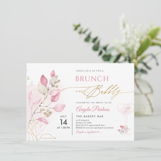 Blush Pink Gum Eukalyptus Brunch Bubbly Einladung (Stehend Vorderseite)