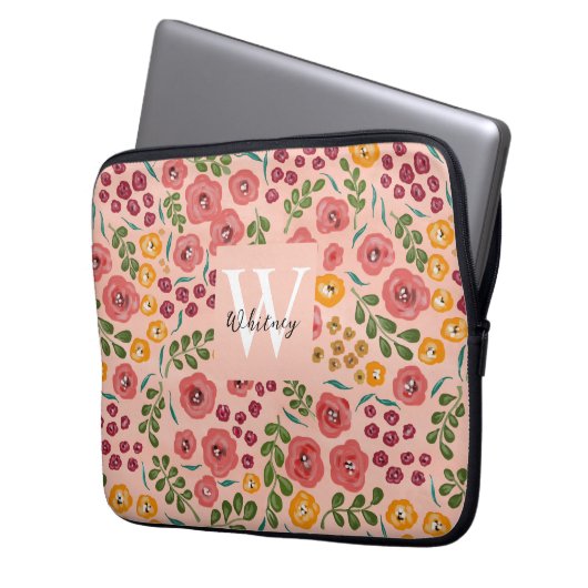 Blush Pink Handlackierte Mischblütenmonogramm Laptopschutzhülle (Vorderseite Links)