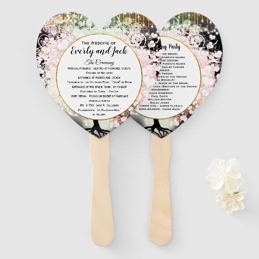 Blush Pink Heart Leaf Tree Wedding Programm Black Fächer (Vorne und Hinten)
