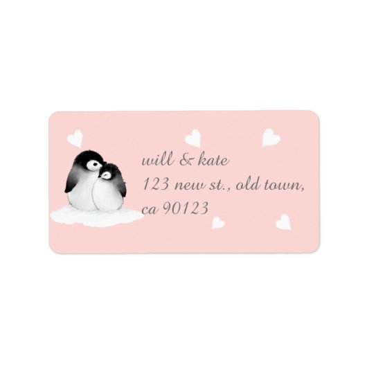 Blush Pink Heart Penguin Adressenmarken Adressaufkleber (Vorne)