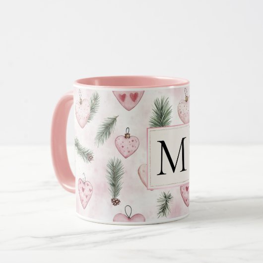 Blush Pink Hearts Christmas Monogram Tasse (Vorderseite Links)