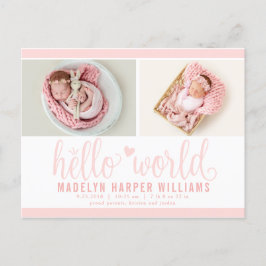 Blush Pink Hello World Foto Birth Stat Ankündigungspostkarte