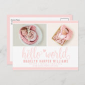 Blush Pink Hello World Foto Birth Stat Ankündigungspostkarte (Vorne/Hinten)
