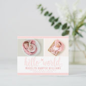 Blush Pink Hello World Foto Birth Stat Ankündigungspostkarte (Stehend Vorderseite)