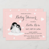 Blush Pink Herzpinguin Kinderdusche Einladungen (Vorne/Hinten)