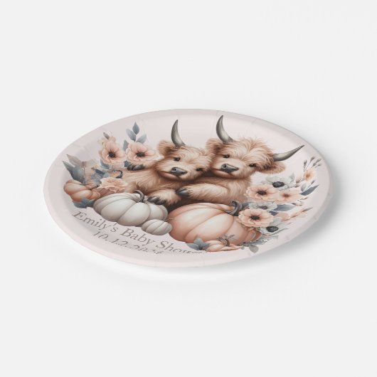 Blush Pink Highland Cow Baby Dusche Teller (Schrägansicht)