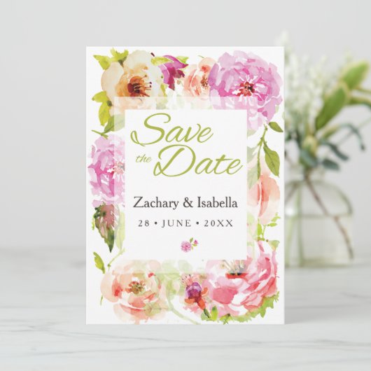 Blush Pink Hübsche Florals Hochzeit Save the Date (Stehend Vorderseite)