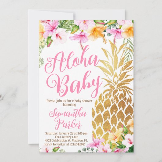 Blush Pink Hula auf über Luau Ananas Baby Dusche Einladung (Vorderseite)