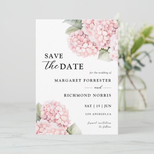 Blush Pink Hydrangea Hochzeit speichern das Datum Einladung (Stehend Vorderseite)