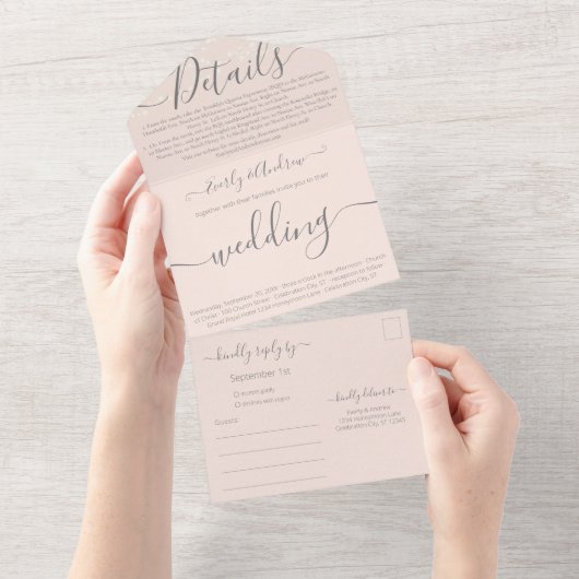 Blush Pink Ihr Foto Einfache Moderne Hochzeit All In One Einladung (Abreißen)