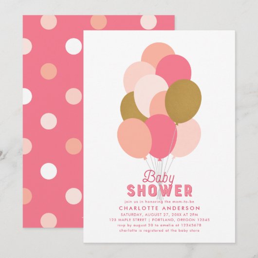 Blush Pink Imitate Gold Balloons Babydusche Einladung (Vorne/Hinten)