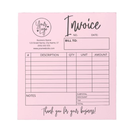 Blush Pink Invoice Bakery Salon Business-Logo Notizblock (Vorderseite)