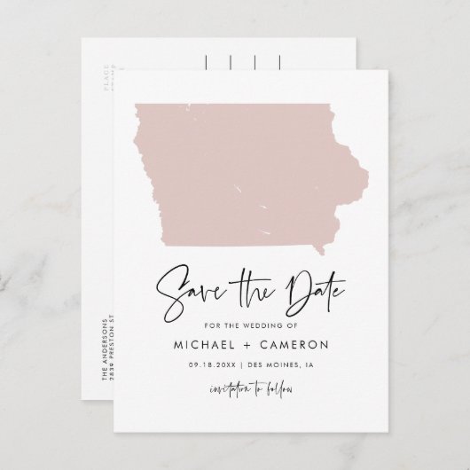 Blush Pink Iowa Karte Modern Script Save the Date (Vorne/Hinten)