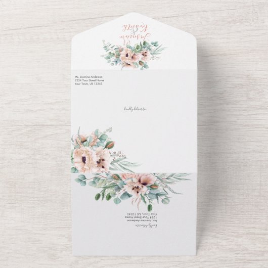 Blush Pink & Ivory Blumenzehen All In One Einladung (Außenbereich)
