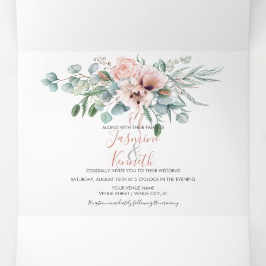 Blush Pink & Ivory Blumenzehen | Dreifach Gefaltete Einladung (Innenseite Mitte)
