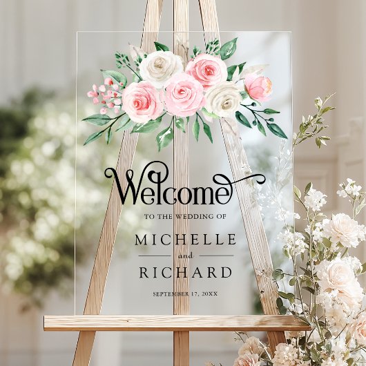 Blush Pink Ivory Floral Wedding Welcome Acrylschild