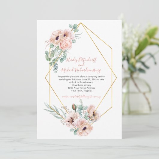 Blush Pink Ivory Poppies Greenery Gold Geometric Einladung (Stehend Vorderseite)