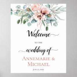 Blush Pink Ivory Poppy Peony Floral Wedding Sign Poster