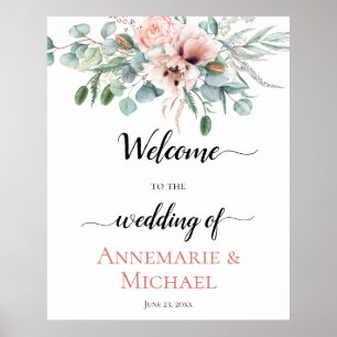 Blush Pink Ivory Poppy Peony Floral Wedding Sign Poster