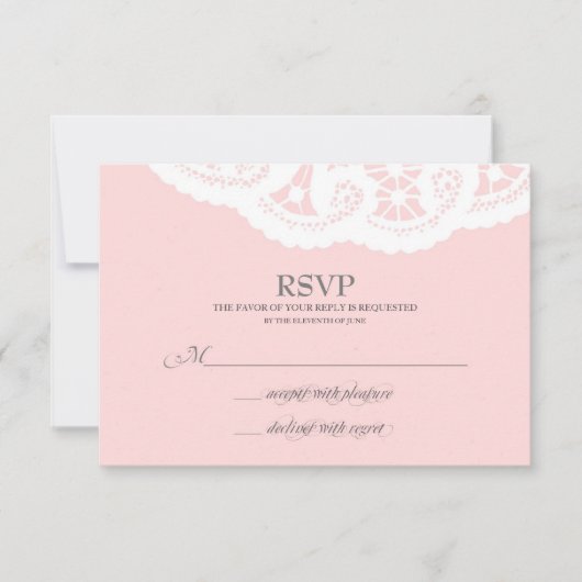 Blush Pink Lace Doily Wedding RSVP Karte (Vorderseite)