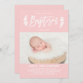 Blush Pink Laurel Wreath Foto Taufe Einladung (Vorne/Hinten)