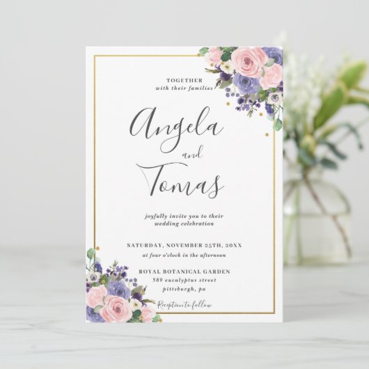 Blush Pink Lavender Lila Blumengrün Hochzeit Einladung (Stehend Vorderseite)