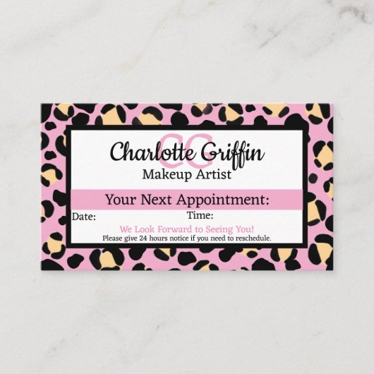 Blush Pink Leopard Print Lash & Makeup Termin Visitenkarte (Vorderseite)