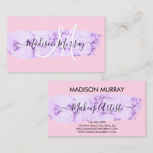 Blush Pink & Lilac Lila Einhorn Monogramm Name Visitenkarte (Vorne/Hinten)