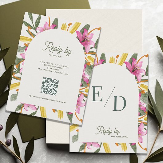 Blush Pink Lily Arched RSVP Card with QR Code Karte