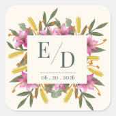 Blush Pink Lily Botanical Wedding Monogram Quadratischer Aufkleber (Vorderseite)