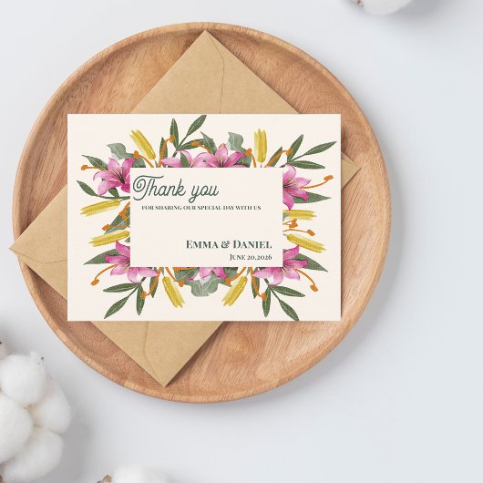 Blush Pink Lily Botanical Wedding Thank You Postkarte