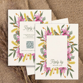 Blush Pink Lily QR Code Botanical Floral Wedding RSVP Karte