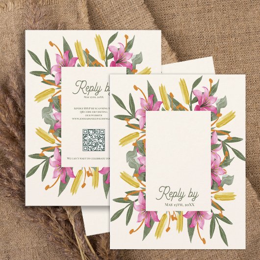 Blush Pink Lily QR Code Botanical Floral Wedding RSVP Karte