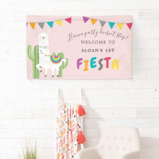 Blush Pink Llama Fun Cactus Birthday Party Willkom Banner (Insitu)